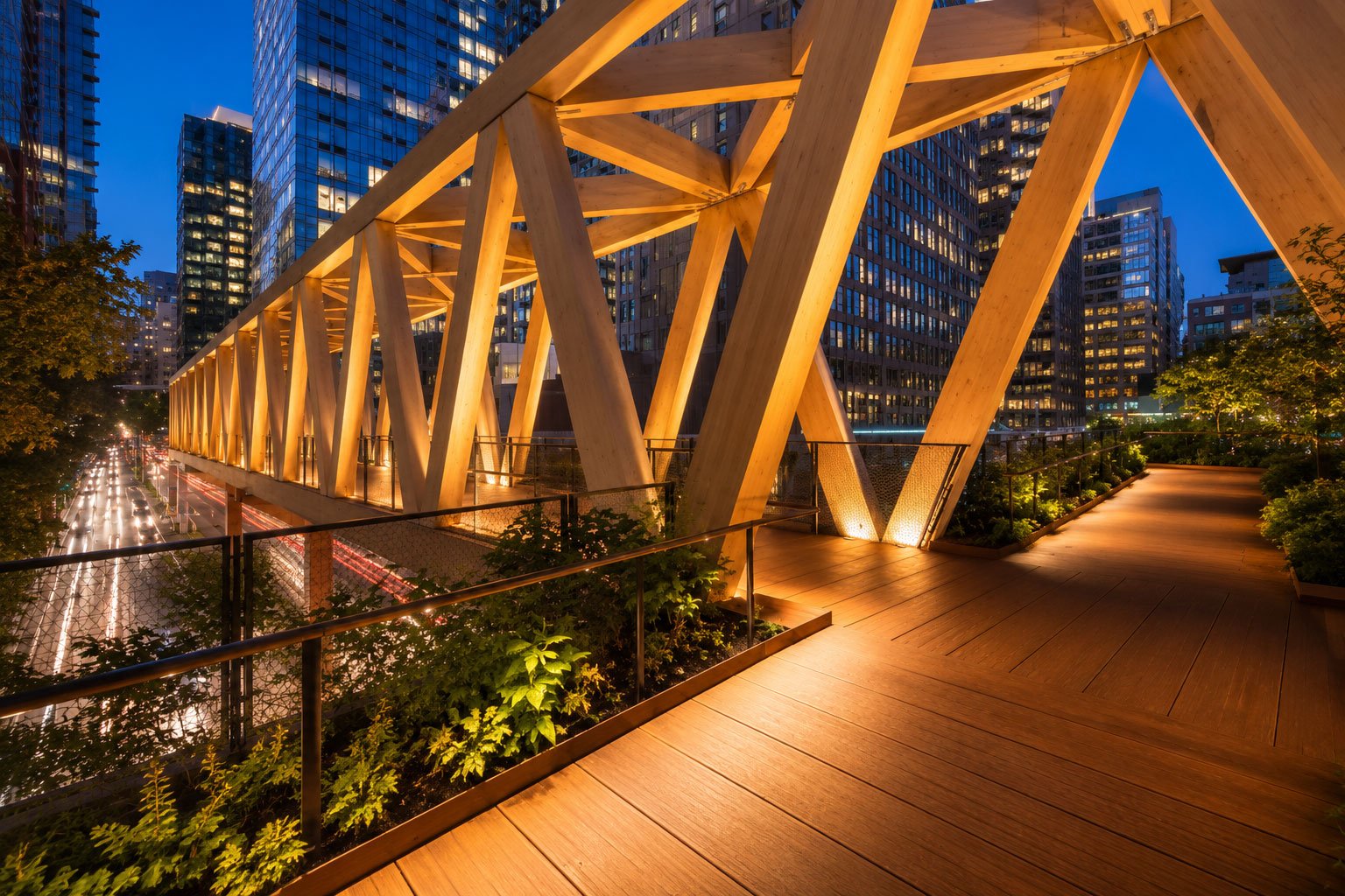 The elevated High Line park winding among the skyscrapers of Hudson Yards, New York City