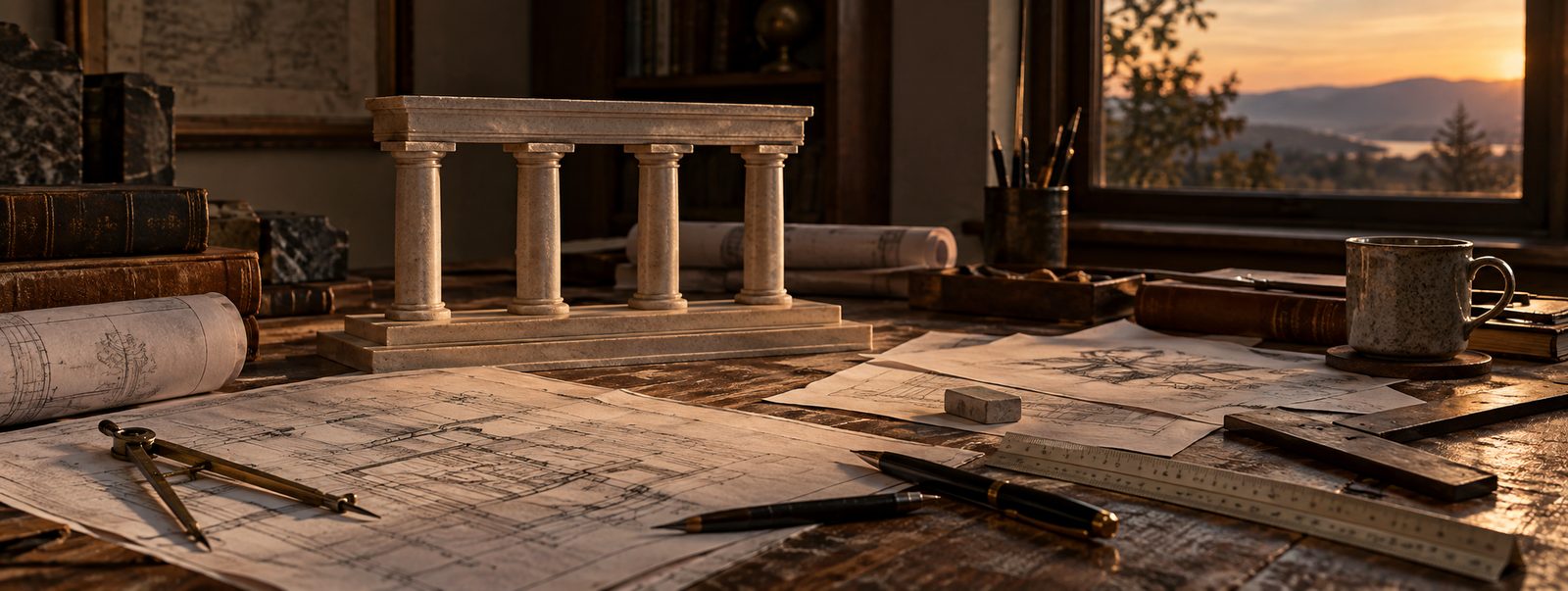 An architect's desk at sunset: a small stone model of four classical columns supporting a lintel, elevation drawings, brass dividers, a ruler, a fountain pen, and a cup of coffee before a window overlooking hills